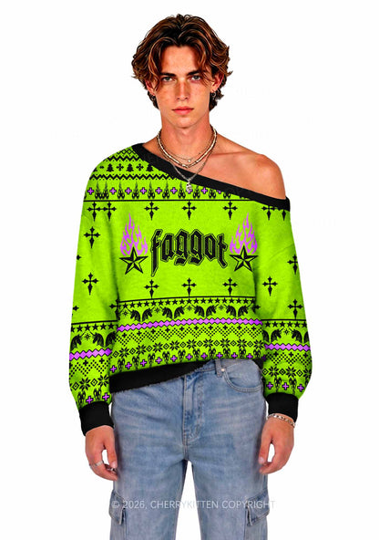 Faggot Stars Pride Y2K Off Shoulder Knit Sweatshirt Cherrykitten
