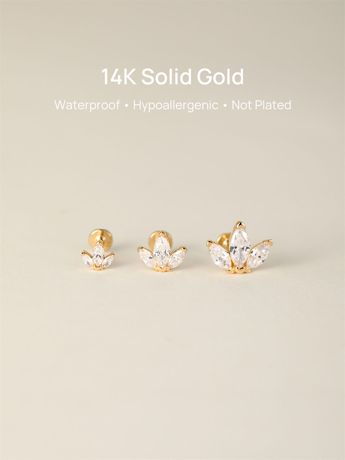 KOSINER 14K Solid Gold Delicate Marquise Trio Flat Back Stud
