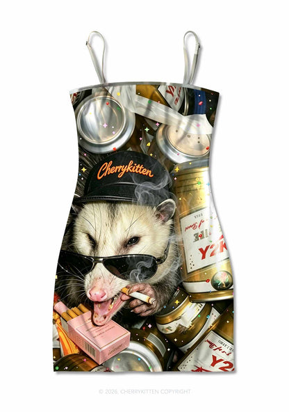 Smoking Opossum Y2K Print Slip Dress Cherrykitten