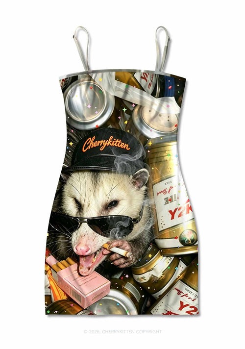 Smoking Opossum Y2K Print Slip Dress Cherrykitten