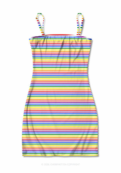 Rainbow Stripes Pride Y2K Print Slip Dress Cherrykitten