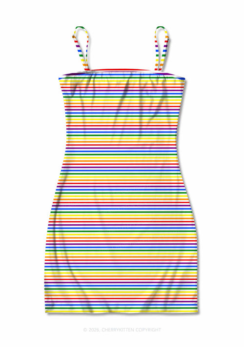 Rainbow Stripes Pride Y2K Print Slip Dress Cherrykitten