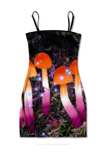 Lesbian Glowing Mushroom Pride Y2K Print Slip Dress Cherrykitten