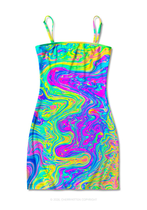 Rainbow Fluid Swirl Y2K Print Slip Dress Cherrykitten