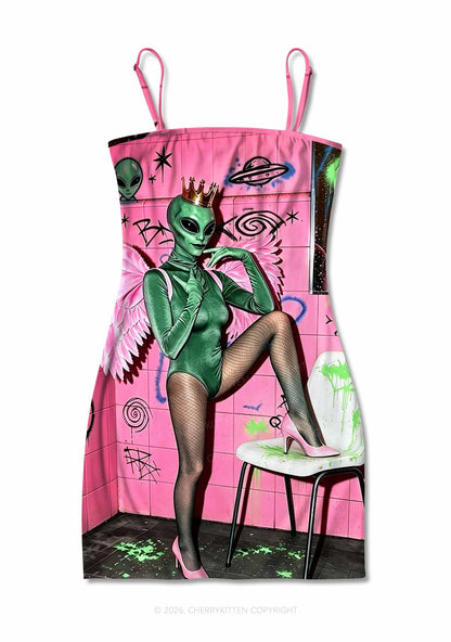 Alien Angel Graffiti Wall Y2K Print Slip Dress Cherrykitten