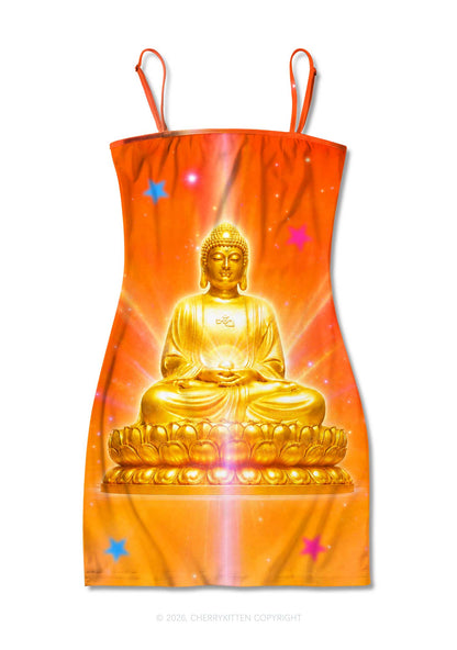 Golden Buddha Y2K Print Slip Dress Cherrykitten