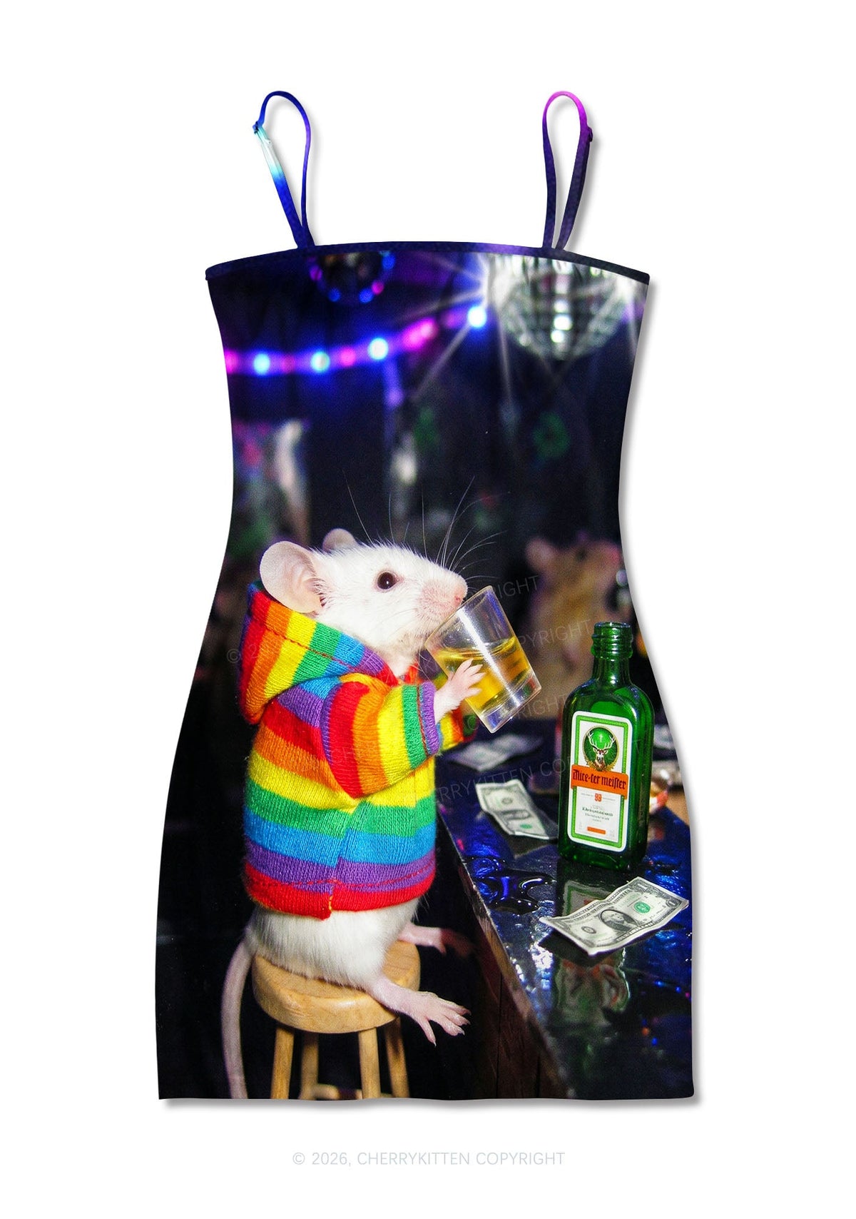 Rainbow Hoodie Rat Drinking Pride Y2K Print Slip Dress Cherrykitten