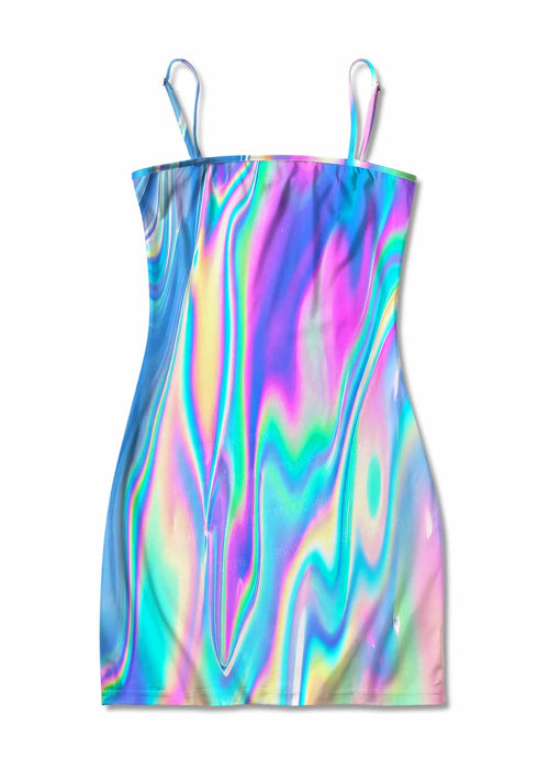 Holographic Iridescent Swirl Y2K Print Slip Dress Cherrykitten