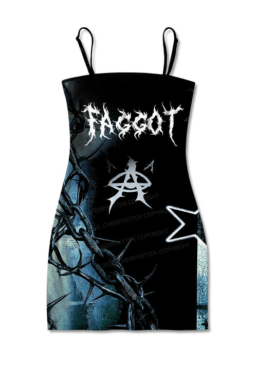 Black Thorn Faggot Pride Y2K Print Slip Dress Cherrykitten