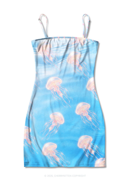 Pink Jellyfish Underwater Y2K Print Slip Dress Cherrykitten