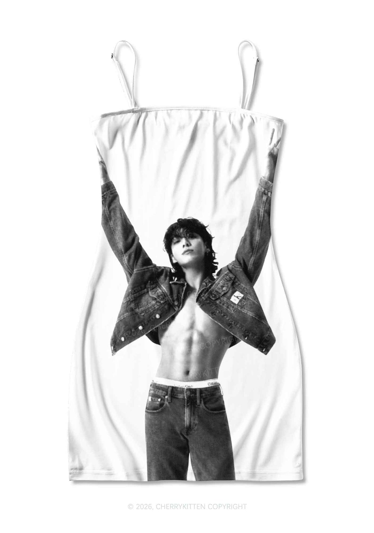 Denim Jacket Kpop Boy Portrait Y2K Print Slip Dress Cherrykitten