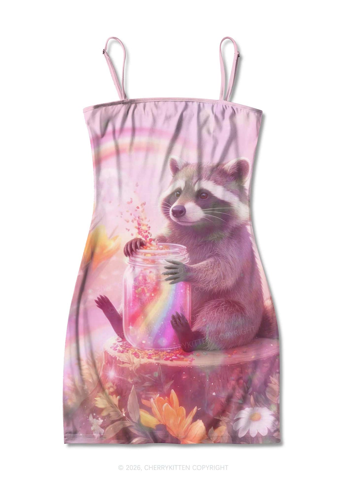 Rainbow Raccoon Pride Y2K Print Slip Dress Cherrykitten