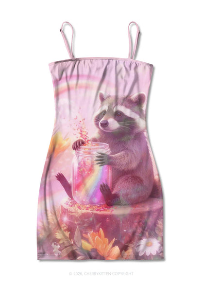 Rainbow Raccoon Pride Y2K Print Slip Dress Cherrykitten