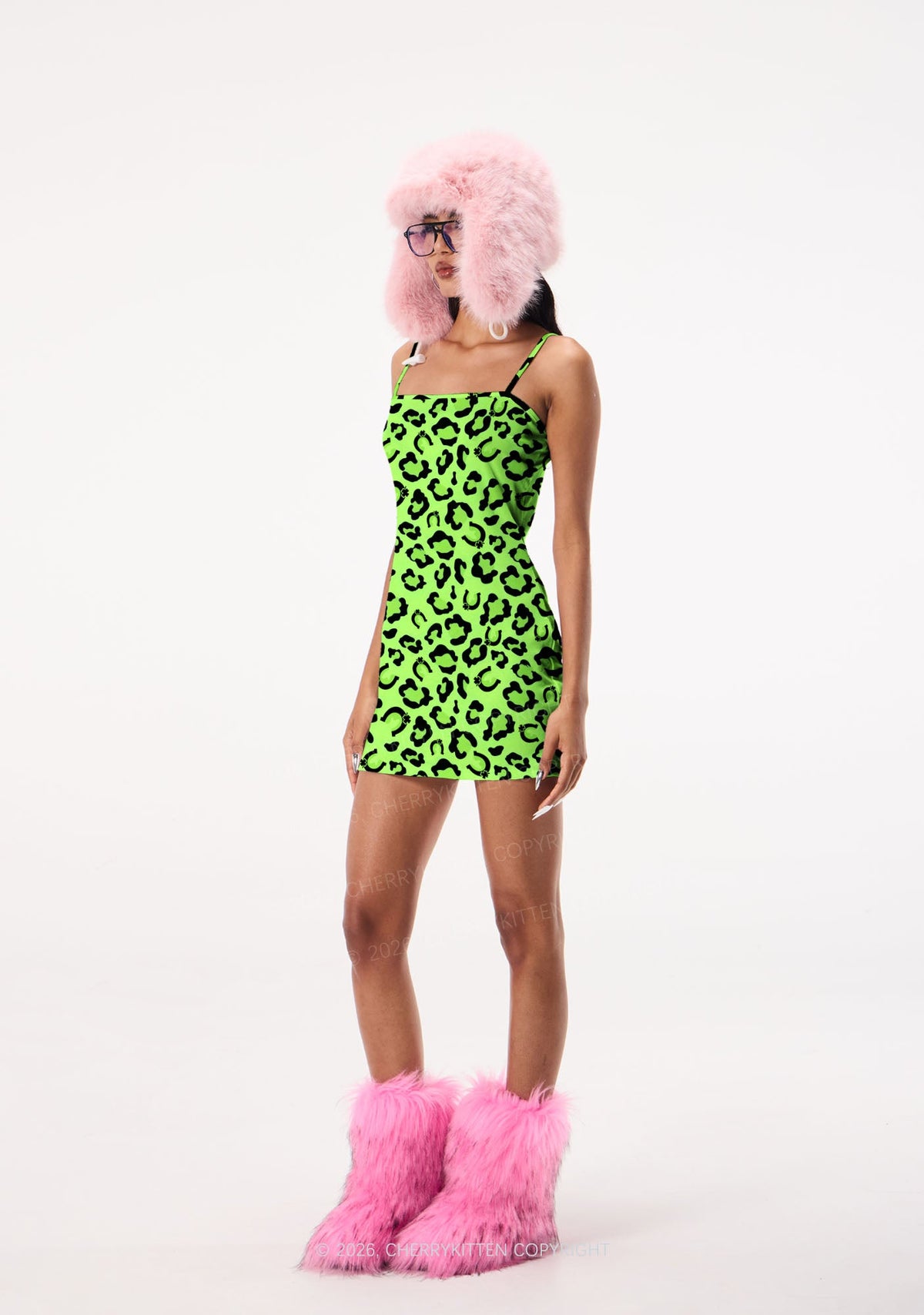 Fluorescent Green Leopard St Patricks Y2K Print Slip Dress Cherrykitten