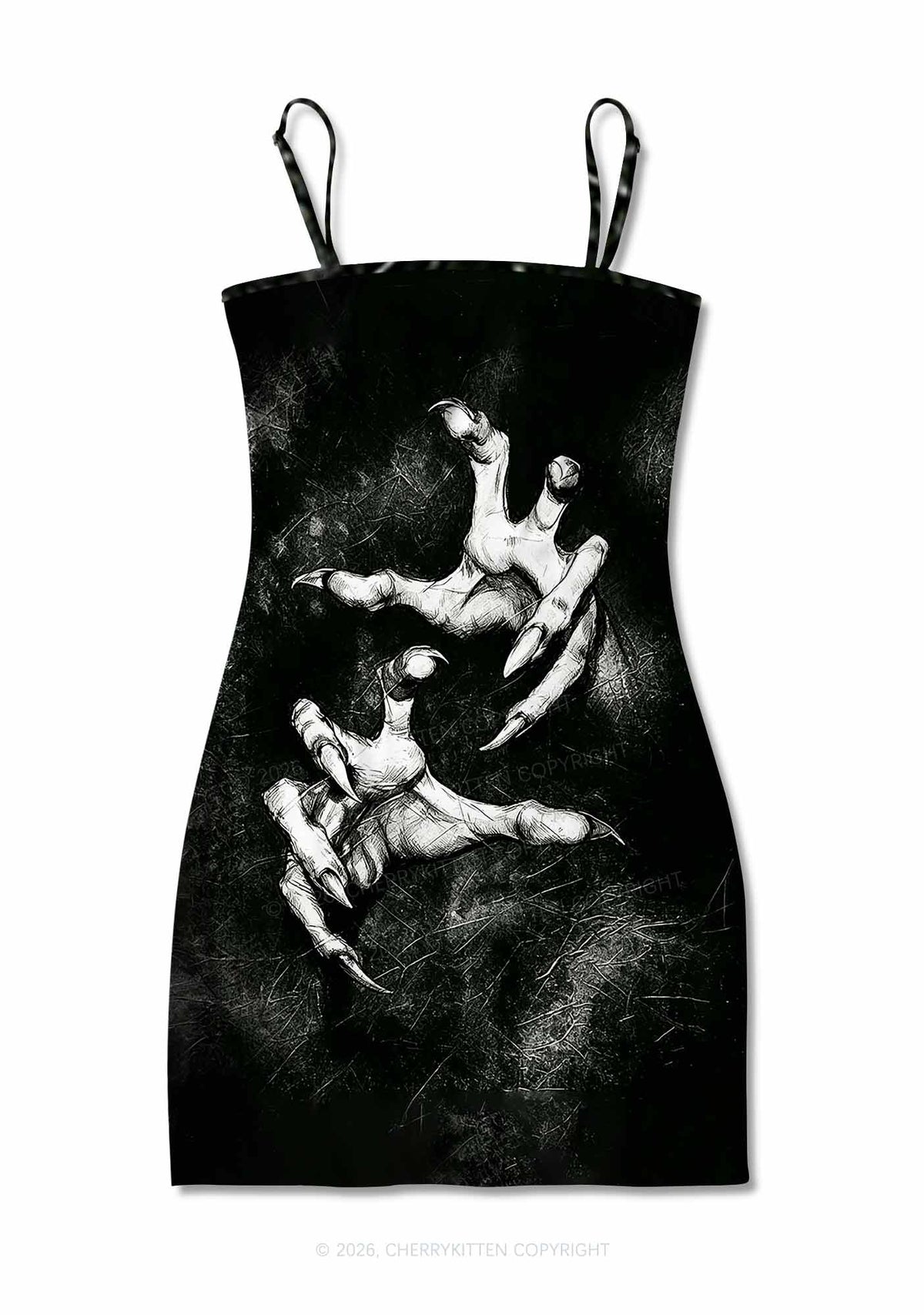 Halloween Black Demon Claws Y2K Print Slip Dress Cherrykitten