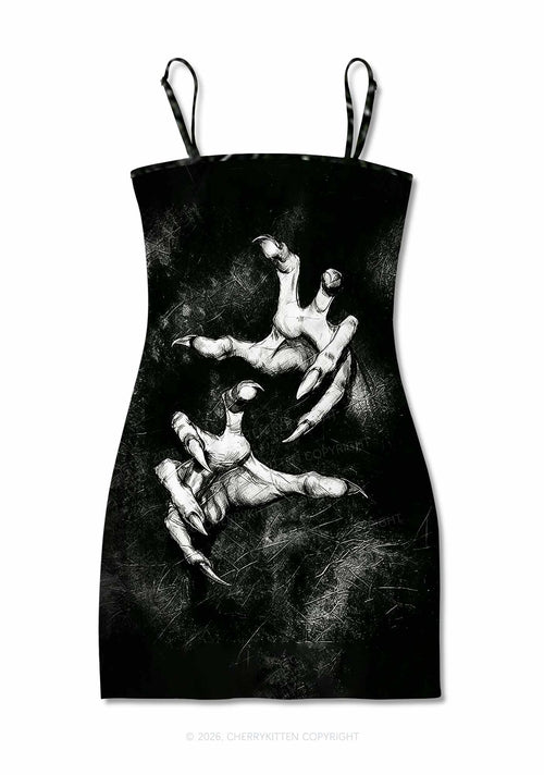 Halloween Black Demon Claws Y2K Print Slip Dress Cherrykitten