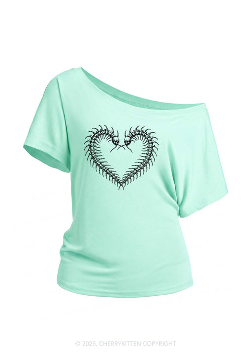 Halloween Centipede Heart Shape Y2K Off Shoulder Tee Cherrykitten