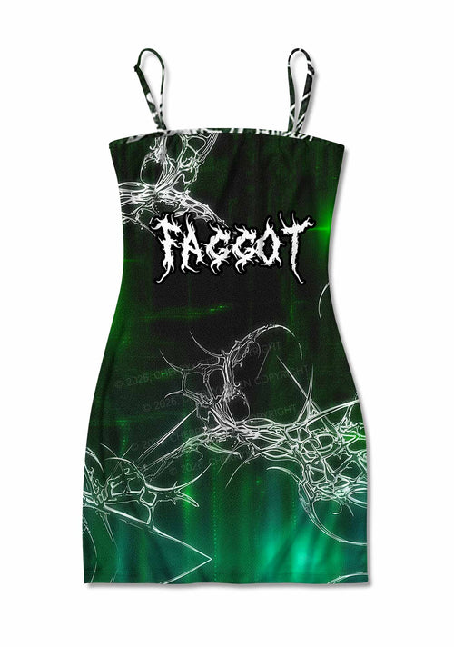 Green Gothic Faggot Pride Y2K Print Slip Dress Cherrykitten