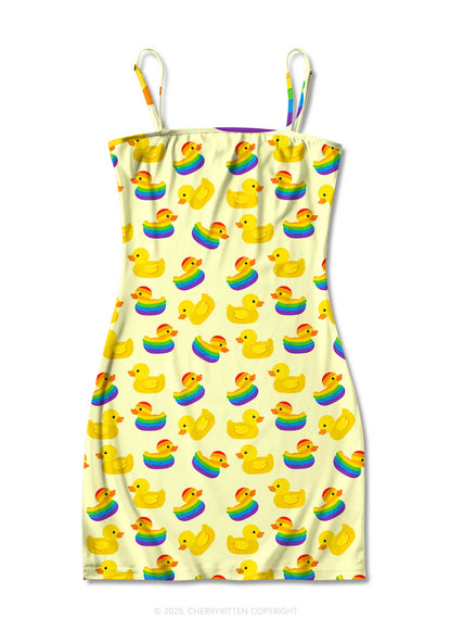 Rainbow Ducks Pride Y2K Print Slip Dress Cherrykitten