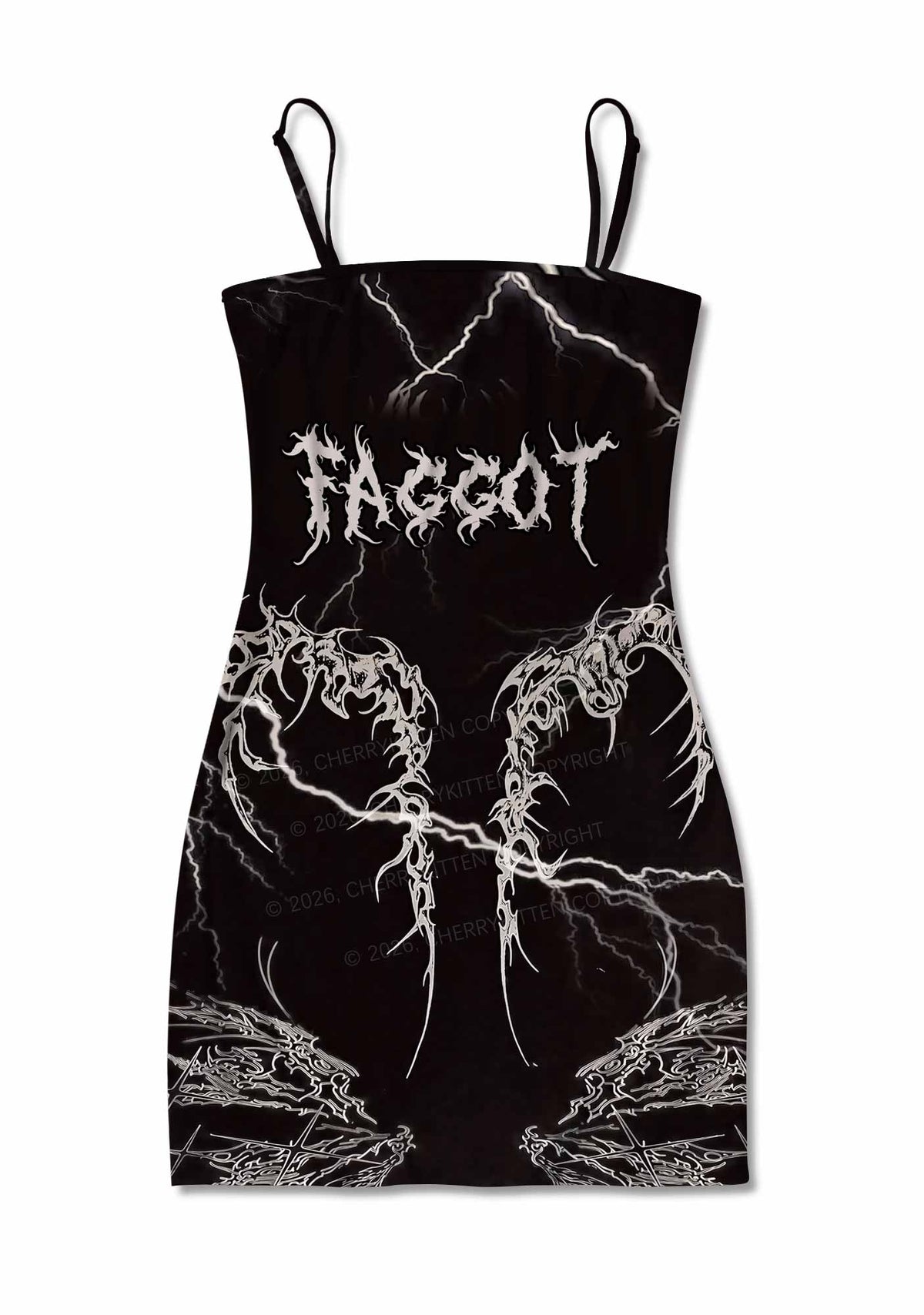 Black Gothic Faggot Pride Y2K Print Slip Dress Cherrykitten