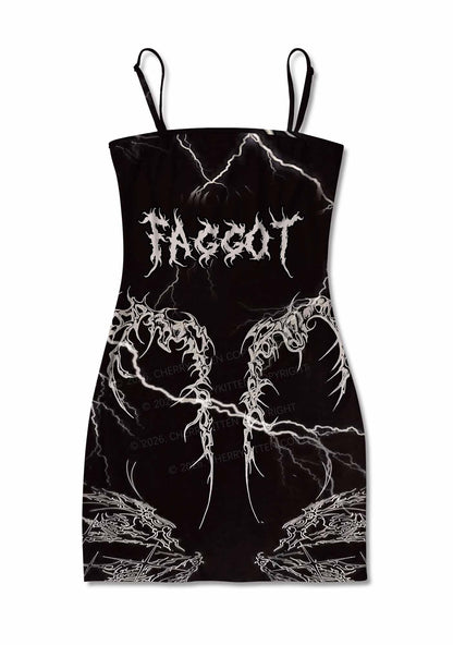 Black Gothic Faggot Pride Y2K Print Slip Dress Cherrykitten
