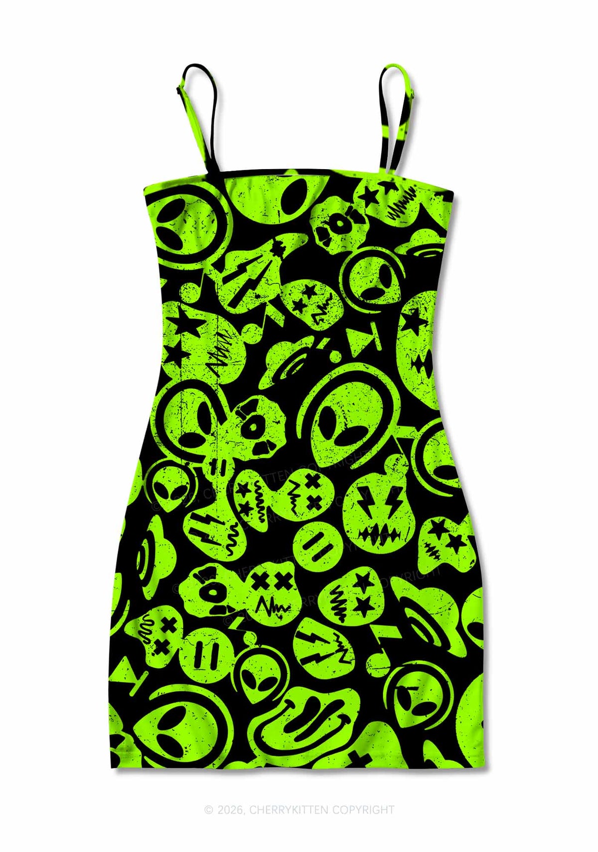Green Alien Doodle Y2K Print Slip Dress Cherrykitten