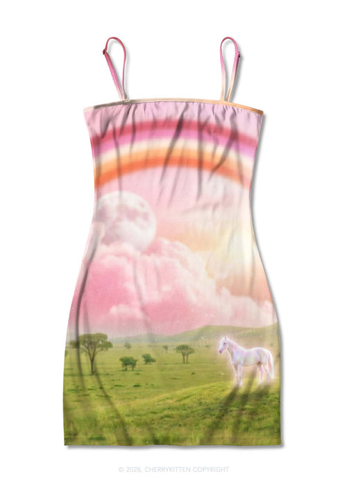 Lesbian Rainbow Pony Pride Y2K Print Slip Dress Cherrykitten