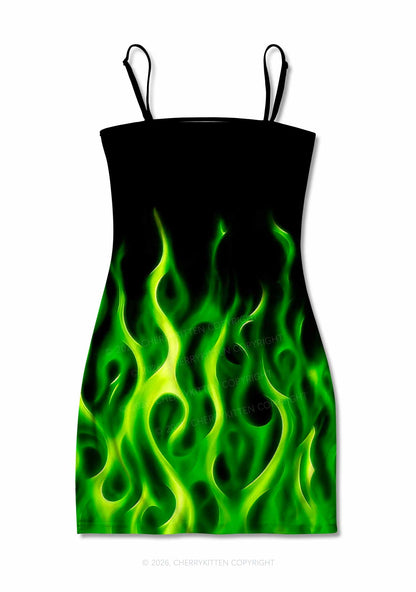 Neon Green Flame Y2K Print Slip Dress Cherrykitten