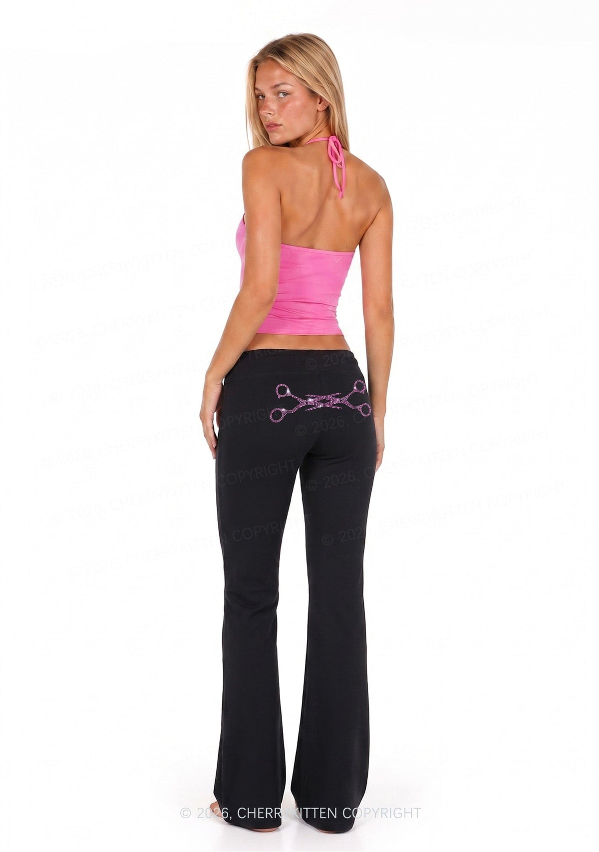 Rhinestone Pink Scissor Pride Y2K Low Rise Drawstring Flare Pants Cherrykitten