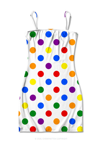 Rainbow Dots On White Pride Y2K Print Slip Dress Cherrykitten