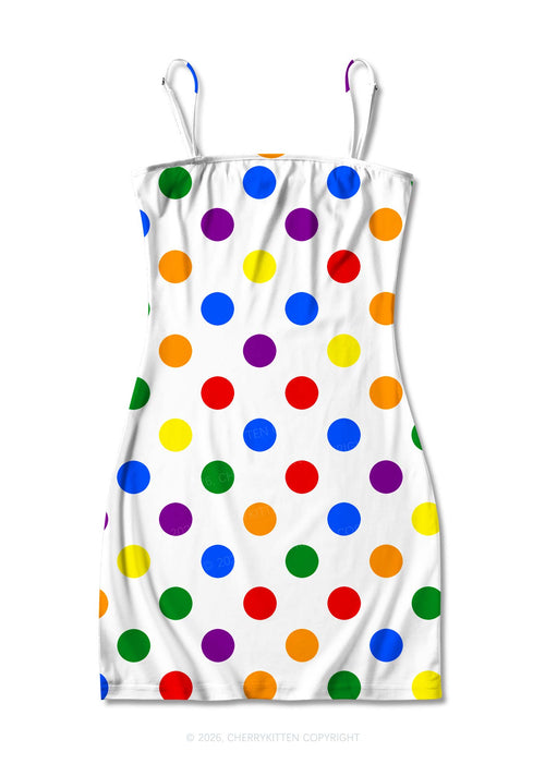 Rainbow Dots On White Pride Y2K Print Slip Dress Cherrykitten