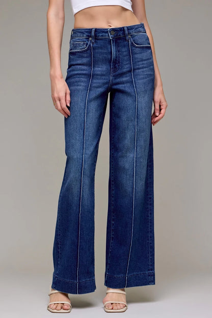 Pintuck 32" - Dark Wash High Rise Wide Leg