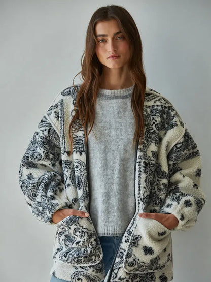 Fleece Sherpa Paisley Print Jacket