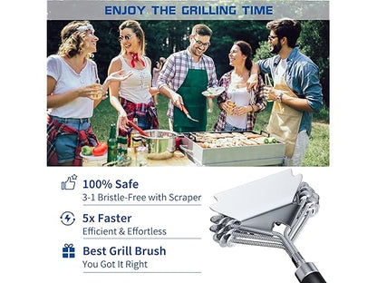 Grill Brush and Scraper Bristle Free, Grill Brush for Outdoor Grill, 17" Stainless Steel BBQ Brush for Grill Cleaning, Hooks Included