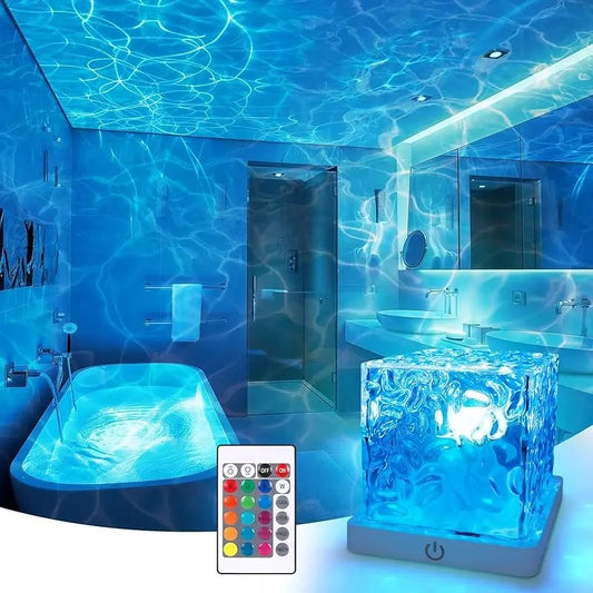 Rechargeable Shower Light, 16-Color Waterproof Ocean Wave Projector with Remote, Dimmable Rotating Water Ripple Light