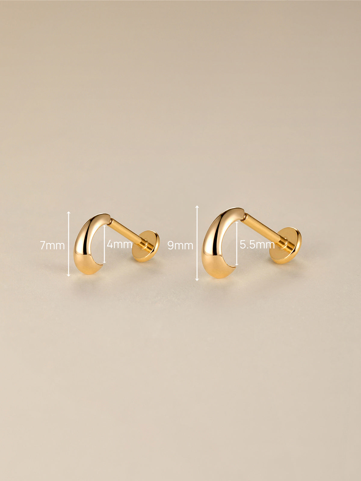 KOSINER 14K Solid Gold Minimalist C-Shape Flat Back Stud