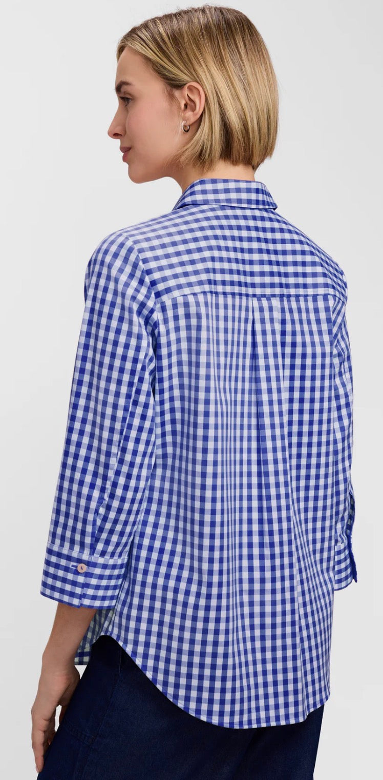 Margie Stretch Matte Sateen 3/4 Sleeve Shirt - Deep sea/ white Gingham