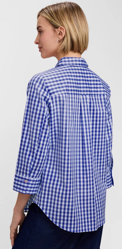 Margie Stretch Matte Sateen 3/4 Sleeve Shirt - Deep sea/ white Gingham