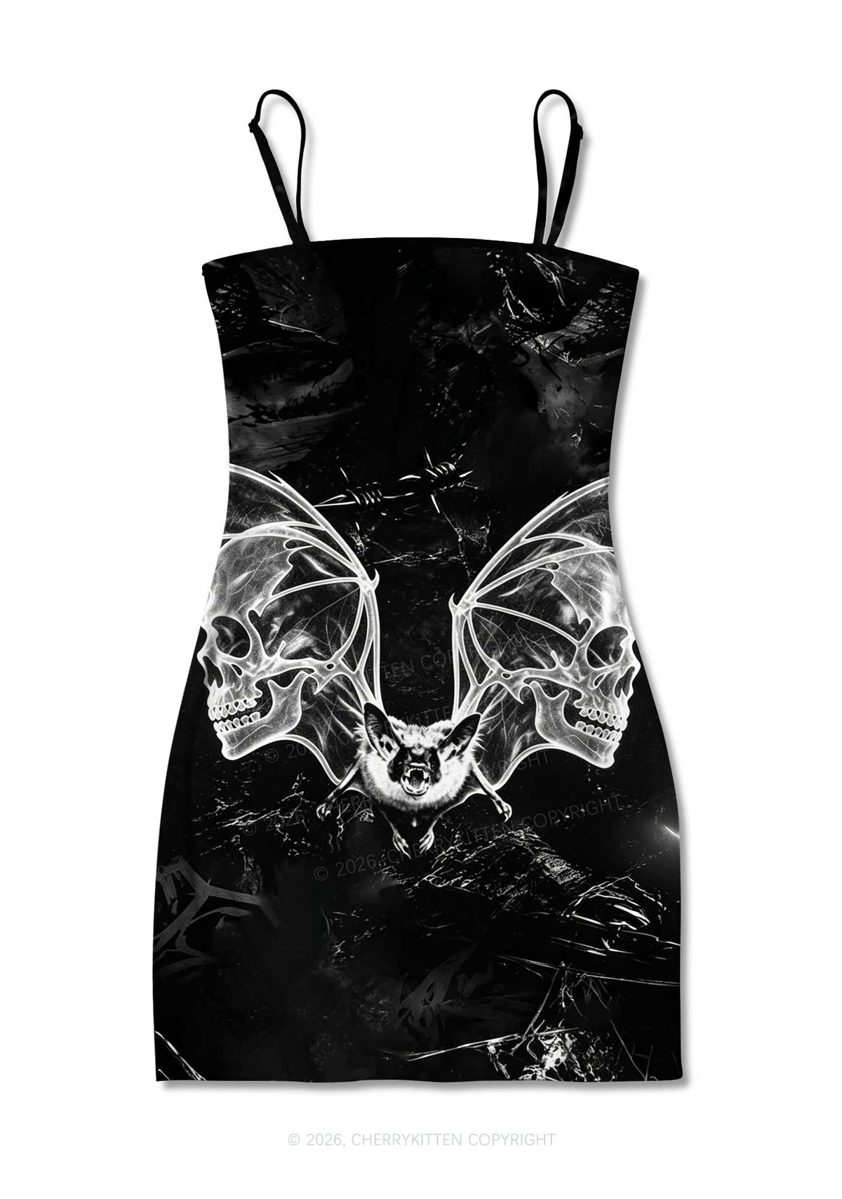 Halloween Bat Skeleton Wings Y2K Print Slip Dress Cherrykitten