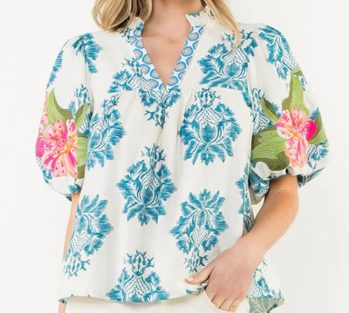 Embroidered Puff-Sleeve Top