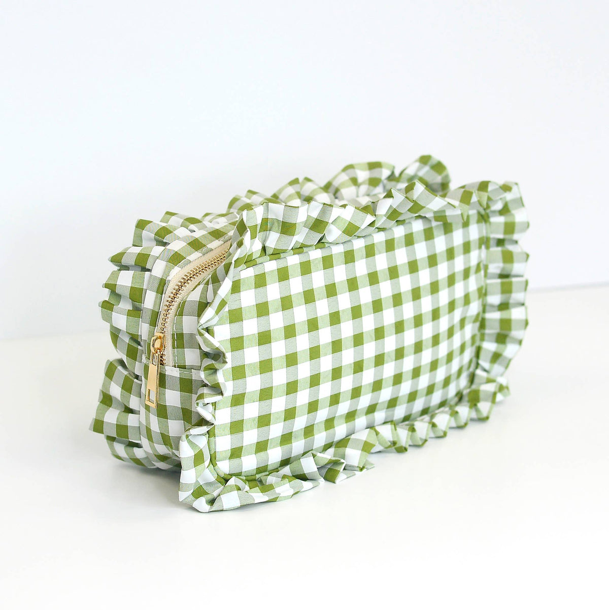 Gingham Ruffle Zipper Pouch - Green