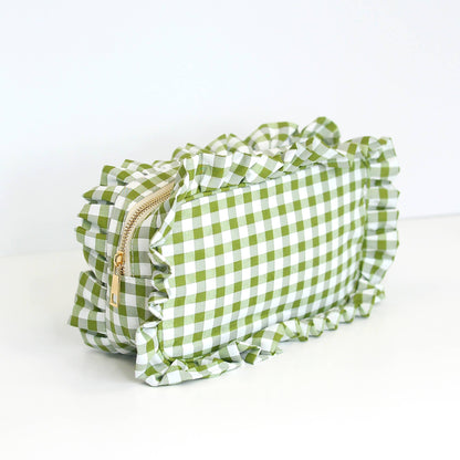 Gingham Ruffle Zipper Pouch - Green