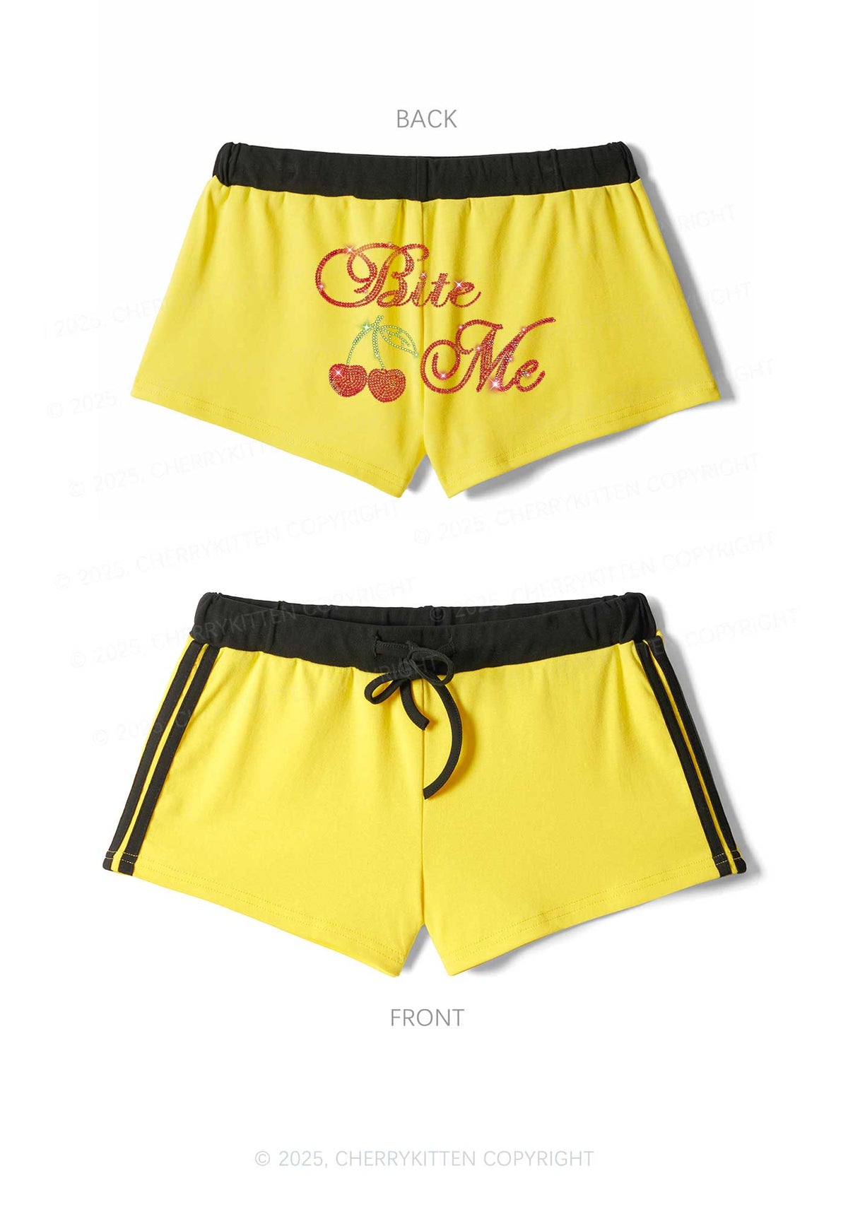 Rhinestone Red Cherry Bite Me Y2K Drawstring Mini Shorts Cherrykitten