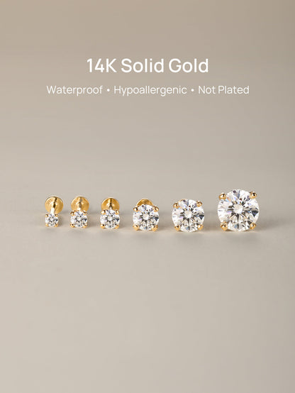 KOSINER 14K Solid Gold Minimalist Moissanite Flat Back Stud