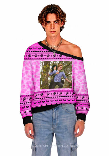 Pink Custom Face Y2K Off Shoulder Knit Sweatshirt Cherrykitten