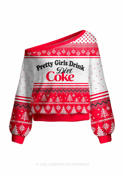 Pretty Girls Drink Diet Cola Y2K Off Shoulder Knit Sweatshirt Cherrykitten