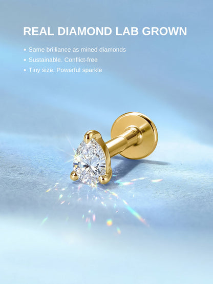 KOSINER 14K Solid Gold Pear Lab-Grown Diamond Flat Back Stud