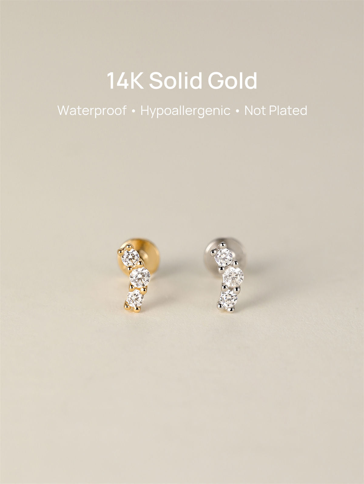 KOSINER 14K Solid Gold Delicate Pave Curved Flat Back Stud