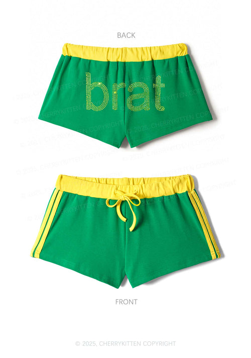 Rhinestone Green Brat Y2K Drawstring Mini Shorts Cherrykitten