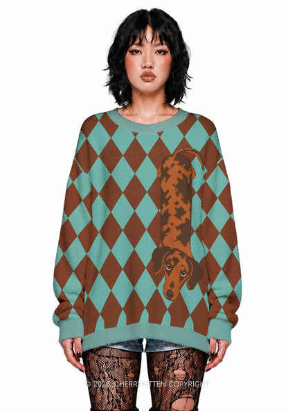 Plaid Dachshund Y2K Knit Sweatshirt Cherrykitten
